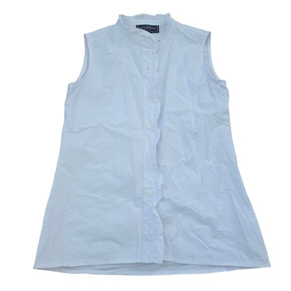 Kiel James Patrick White 100% Cotton Button Front Sleeveless Blouse Small Ruffle - Picture 1 of 5